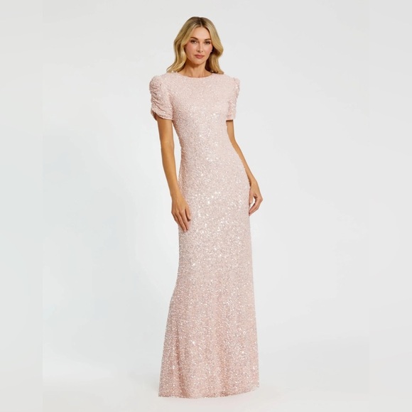 Mac Duggal 24003 NWT Pink Gathered Short Sleeve Beaded Gown - Picture 1 of 7